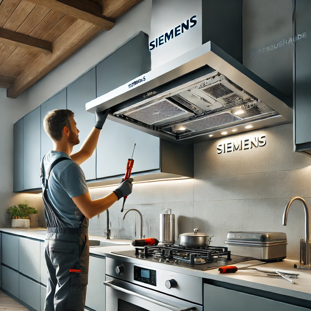 DALL·E 2024-10-23 09.29.17 – A modern kitchen setting with a technician repairing a Siemens range hood (Dunstabzugshaube). The kitchen features sleek cabinetry and stainless steel Siemens Dunstabzugshauben Reparatur