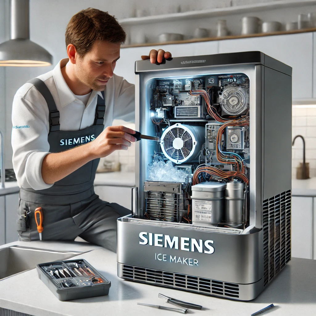 DALL·E 2024-10-23 10.13.27 – A technician repairing a Siemens ice maker in a modern kitchen setting. The technician is carefully working on the machine, using professional tools t Siemens Eiswürfelbereiter Reparatur