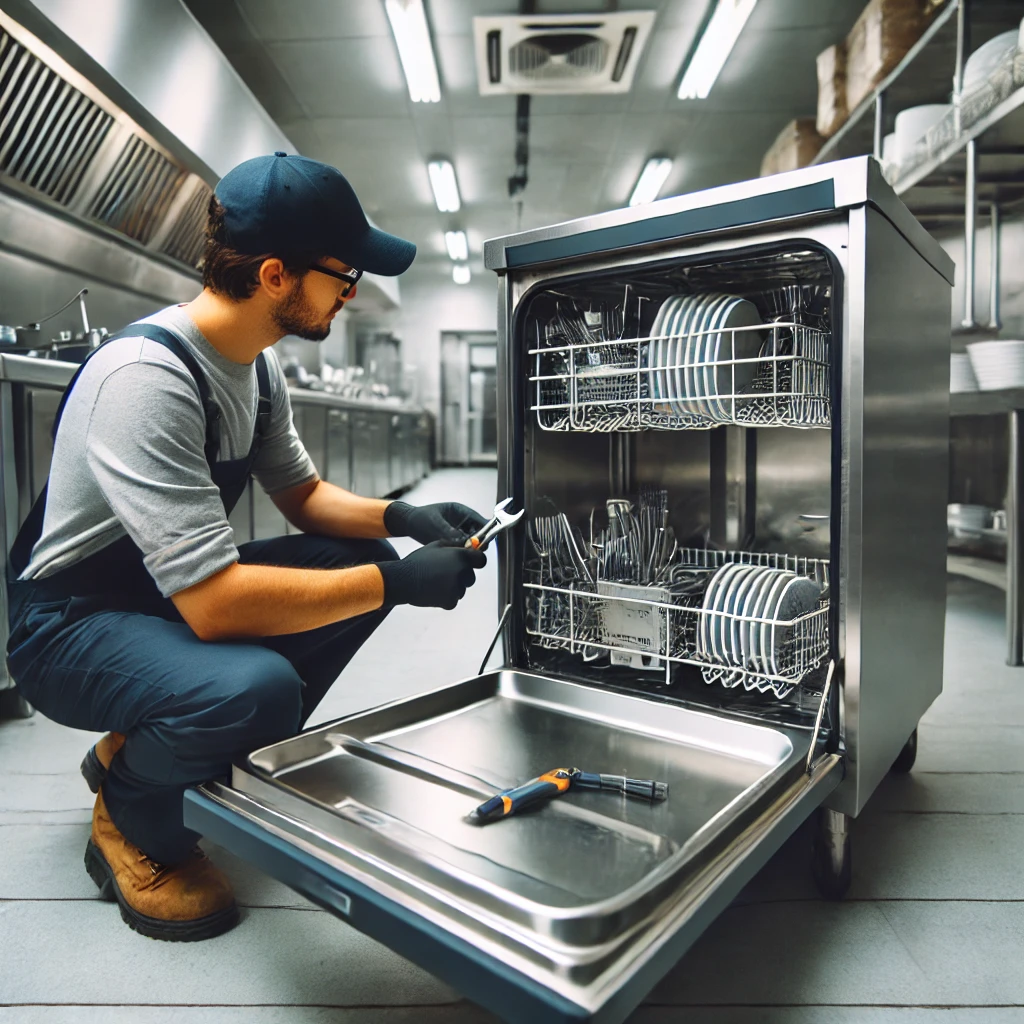 DALL·E 2024-10-23 15.49.52 – A professional technician repairing a commercial dishwasher in a clean and modern kitchen setting. The scene captures the technician using tools to fi Siemens Gastro Spülmaschine Reparatur
