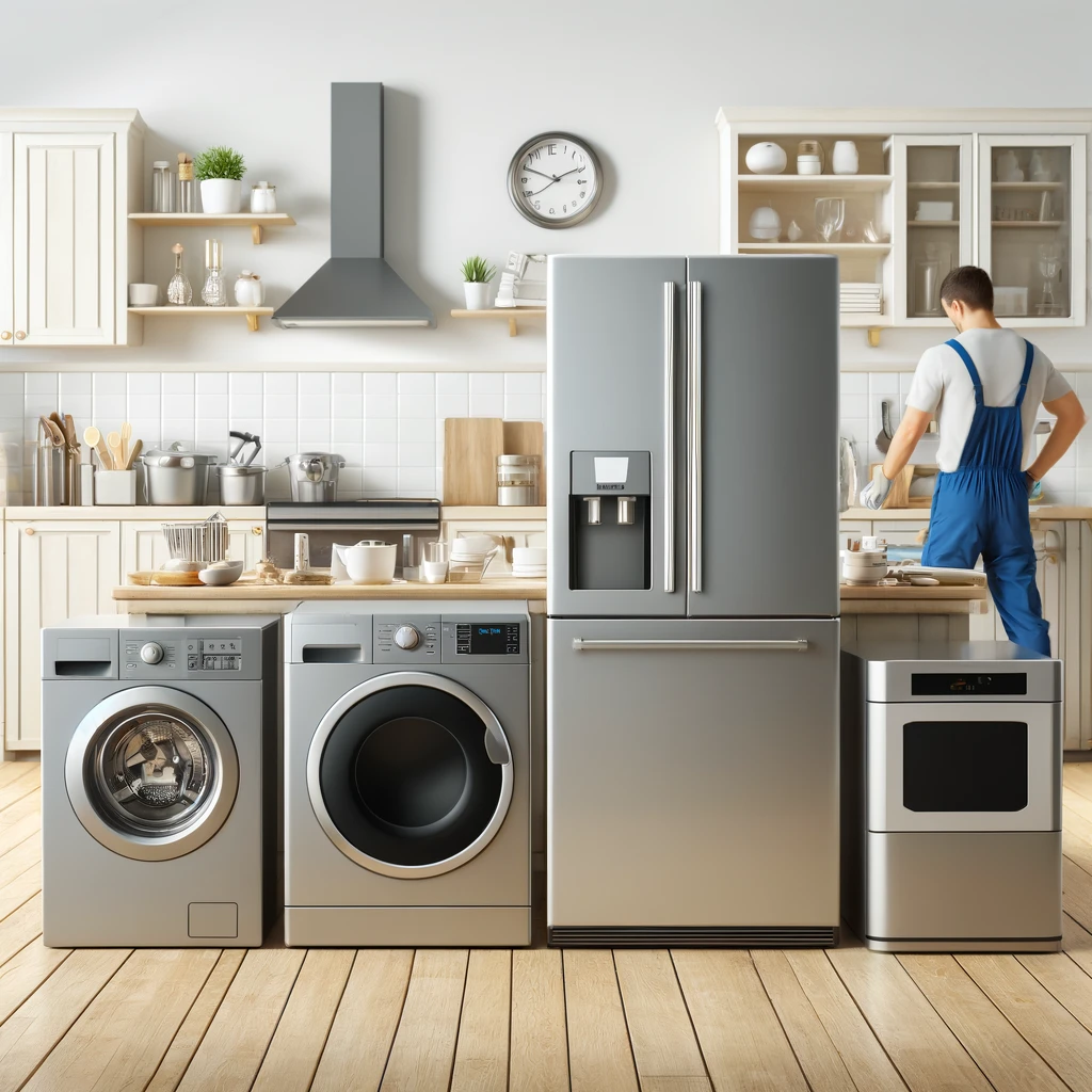 DALL·E 2024-10-24 10.21.38 – A modern and clean kitchen interior with various household appliances such as a refrigerator, washing machine, dishwasher, and microwave. The applianc Siemens Haushaltsgeräte Beratung