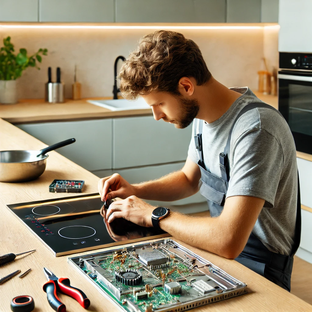 DALL·E 2024-10-24 11.16.47 – A professional repair technician fixing an induction cooktop in a modern kitchen setting. The technician is carefully working on the electronic compon Siemens Induktionskochfeld Reparatur