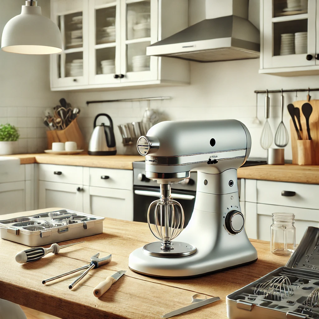 DALL·E 2024-10-28 09.55.56 – A clean and organized kitchen workspace with a modern, compact kitchen machine (like a stand mixer) prominently placed on a countertop. The kitchen ma Siemens Küchenmaschinen Reparatur