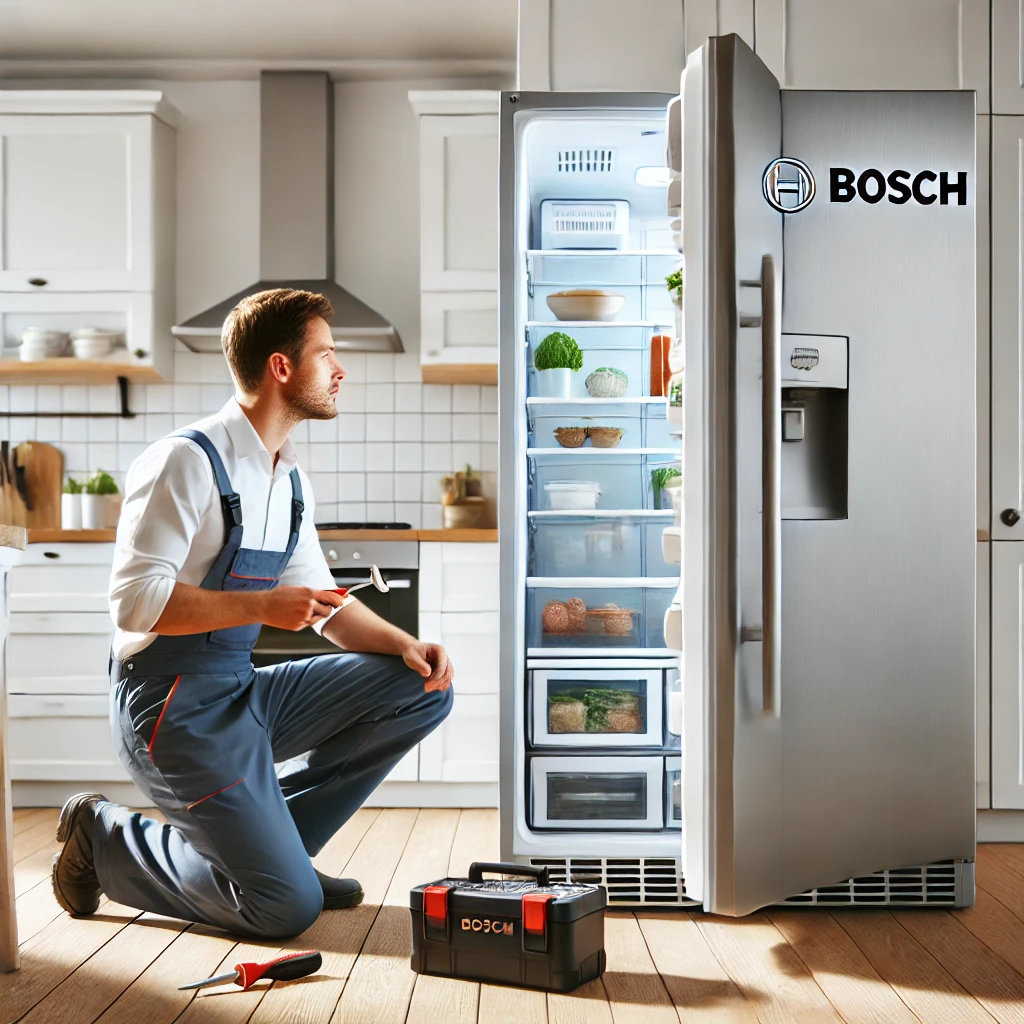 DALL·E 2024-11-20 10.44.47 – A professional technician repairing a modern Bosch refrigerator in a clean and organized kitchen setting. The technician is wearing a uniform and usin Bosch Kühlschrank Reparatur
