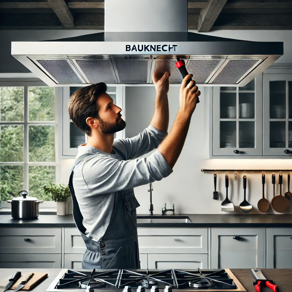 DALL·E 2024-11-21 16.34.53 – A professional kitchen technician repairing a modern Bauknecht range hood in a sleek, well-lit kitchen. The technician is using advanced tools, and th Bauknecht Dunstabzugshauben Reparatur