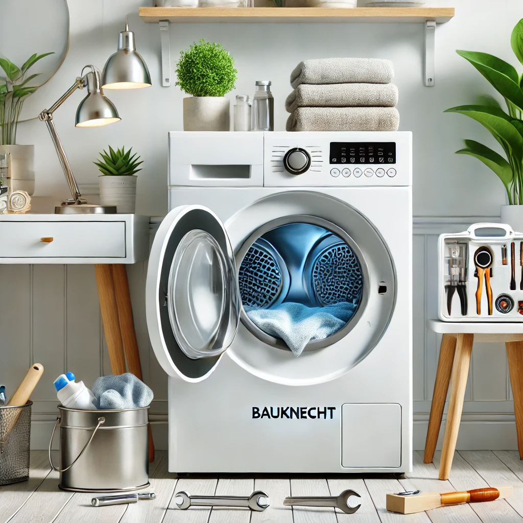 DALL·E 2024-12-18 10.47.51 – A modern laundry room setting with a Bauknecht dryer prominently displayed. The dryer door is open, showing clean laundry inside. Nearby, tools and a Neff Backofen Reparatur