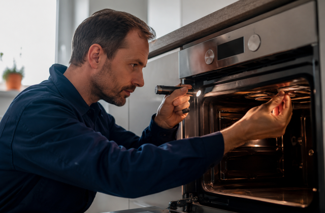 Techniker prüft das Heizelement eines Einbaubackofens